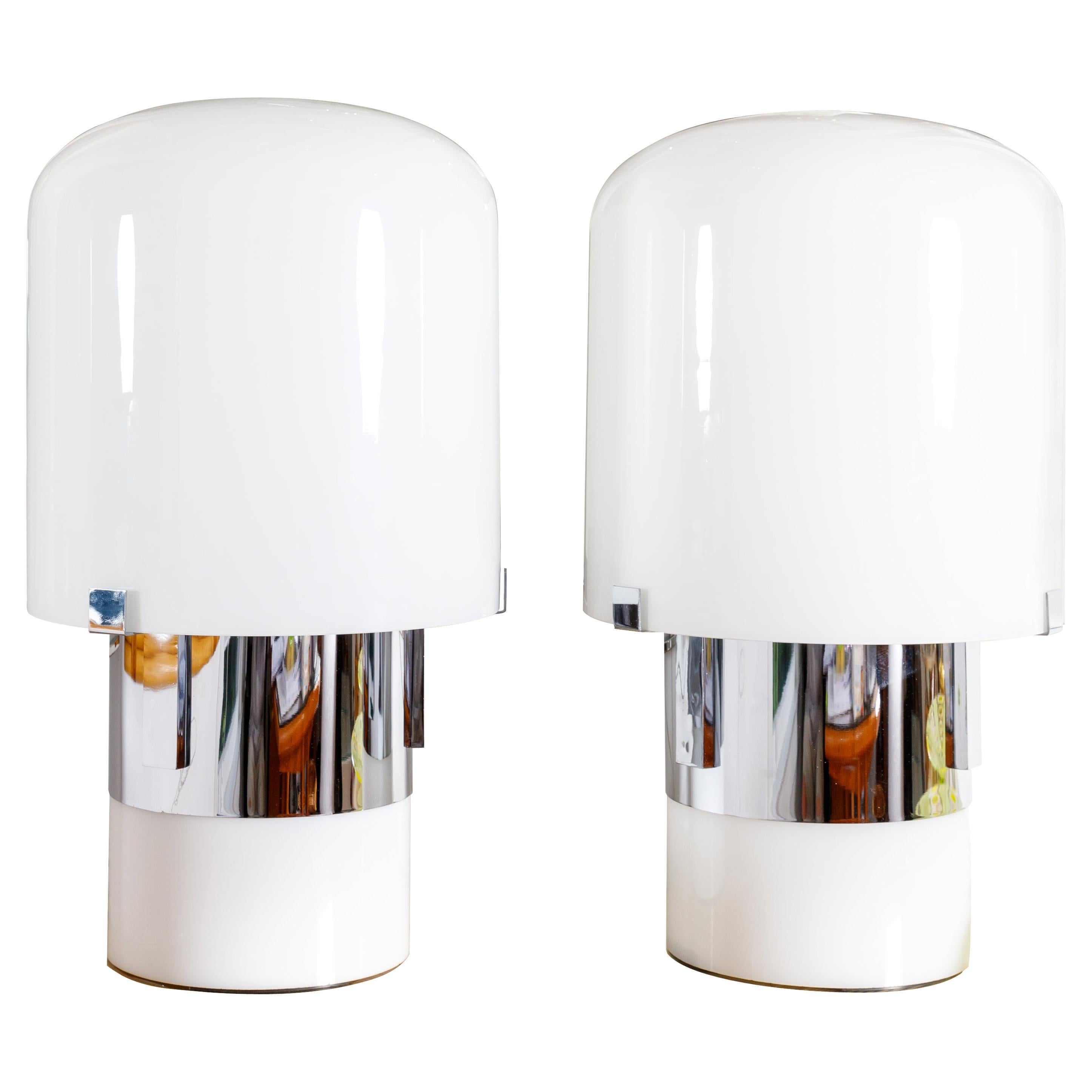 Pair of White Glass, Chrome & Lucite Cylindrical Table Lamps with Interior Light