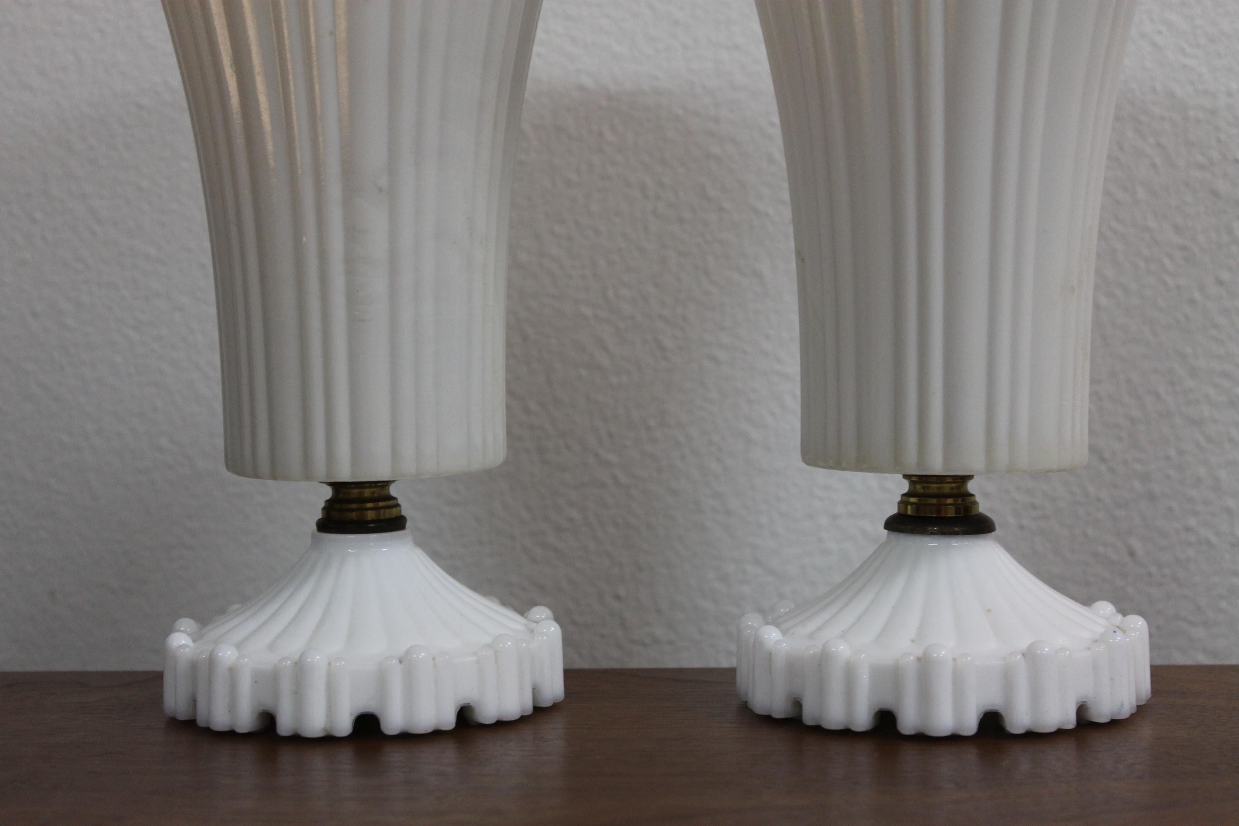 Art Deco Pair of White Glass Lamps