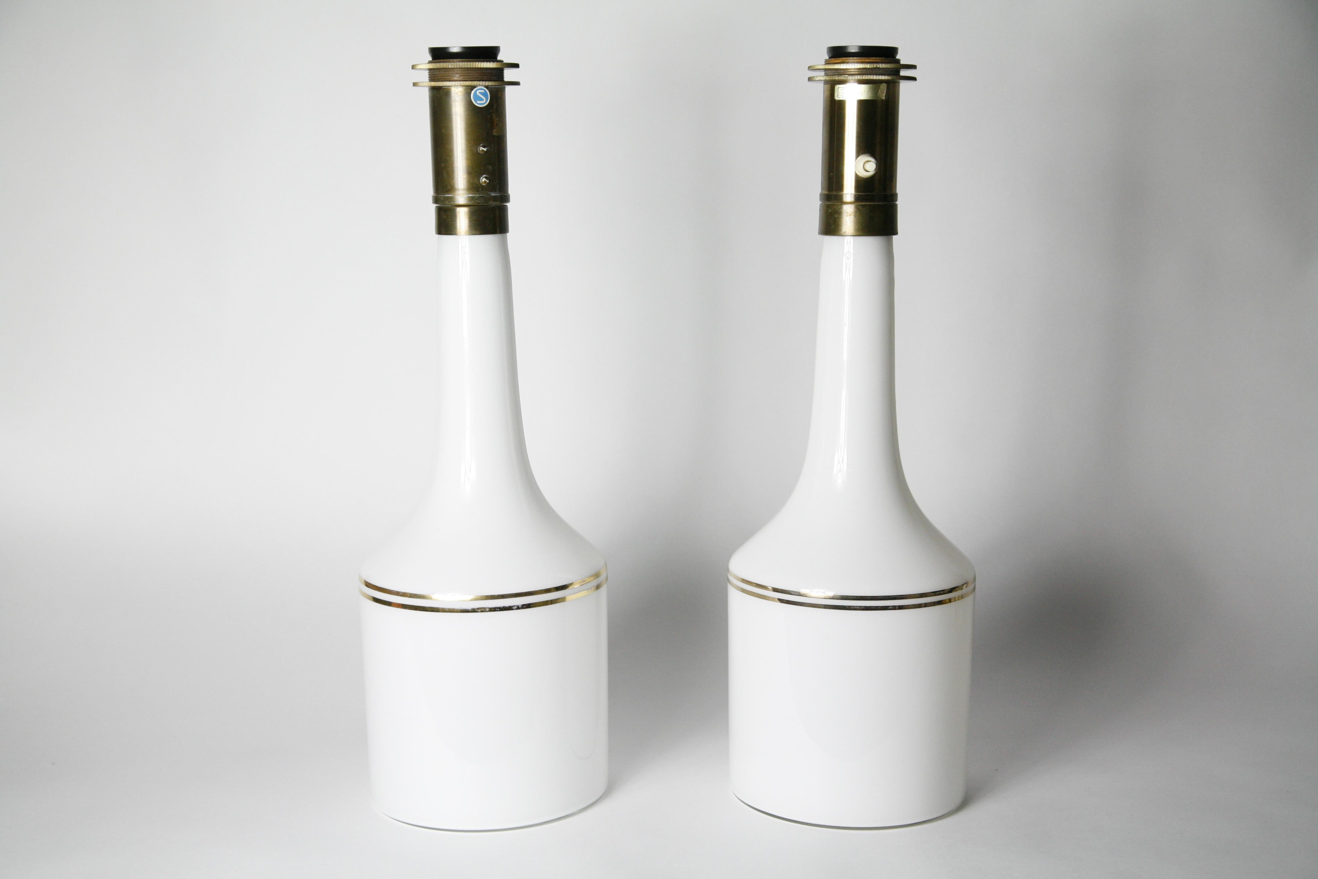 Pair of white Swedish Luxus Glass Lamps with a Gold Stripe, Sweden, 1950 white bases with a gold band, rewired for the US made by 