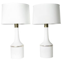 Pair of white Swedish Luxus Glass Lamps with a Gold Stripe, Sweden, 1950