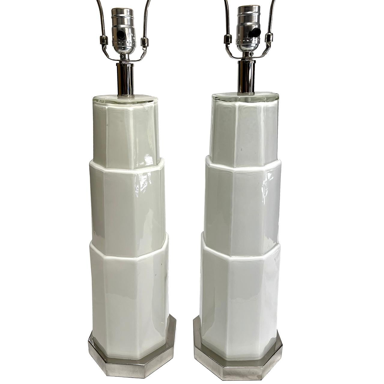 Pair of French circa 1970's cased & molded glass table lamps with nickel plated bases.

Measurements:
Height of body: 20