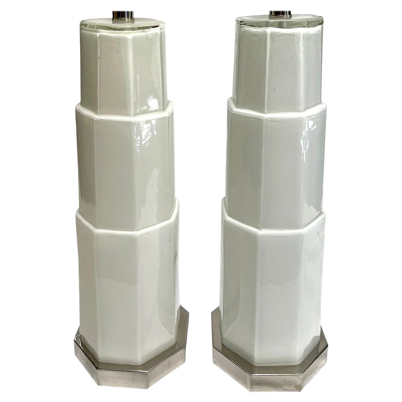 Pair of White Glass Table Lamps For Sale