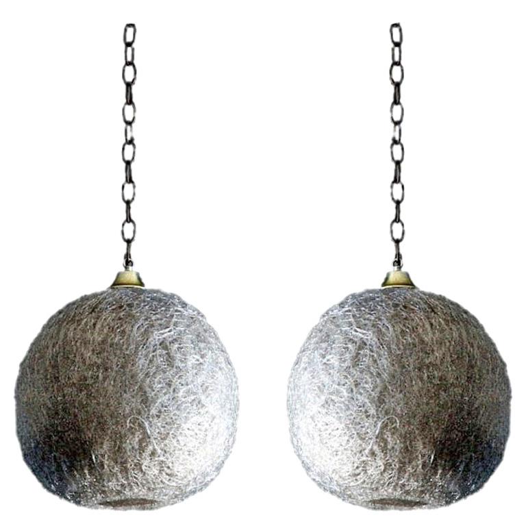 Pair of White Glass Thread Globe Hanging Lights For Sale