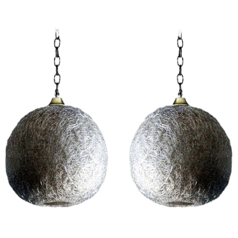 Pair of White Glass Thread Globe Hanging Lights For Sale