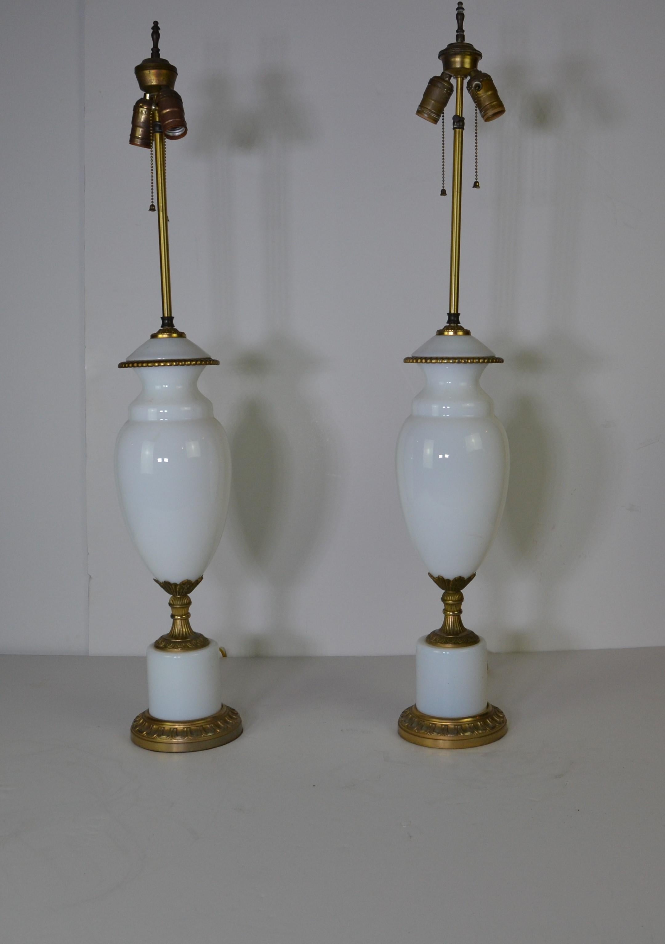 Brass Pair of White Glass Urn Lamps For Sale