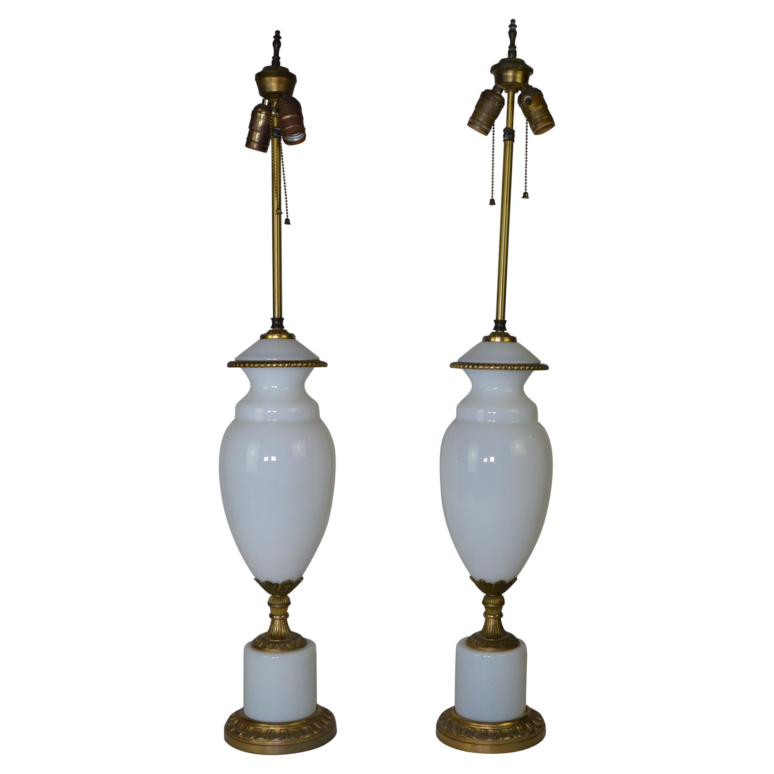 Pair of White Glass Urn Lamps For Sale