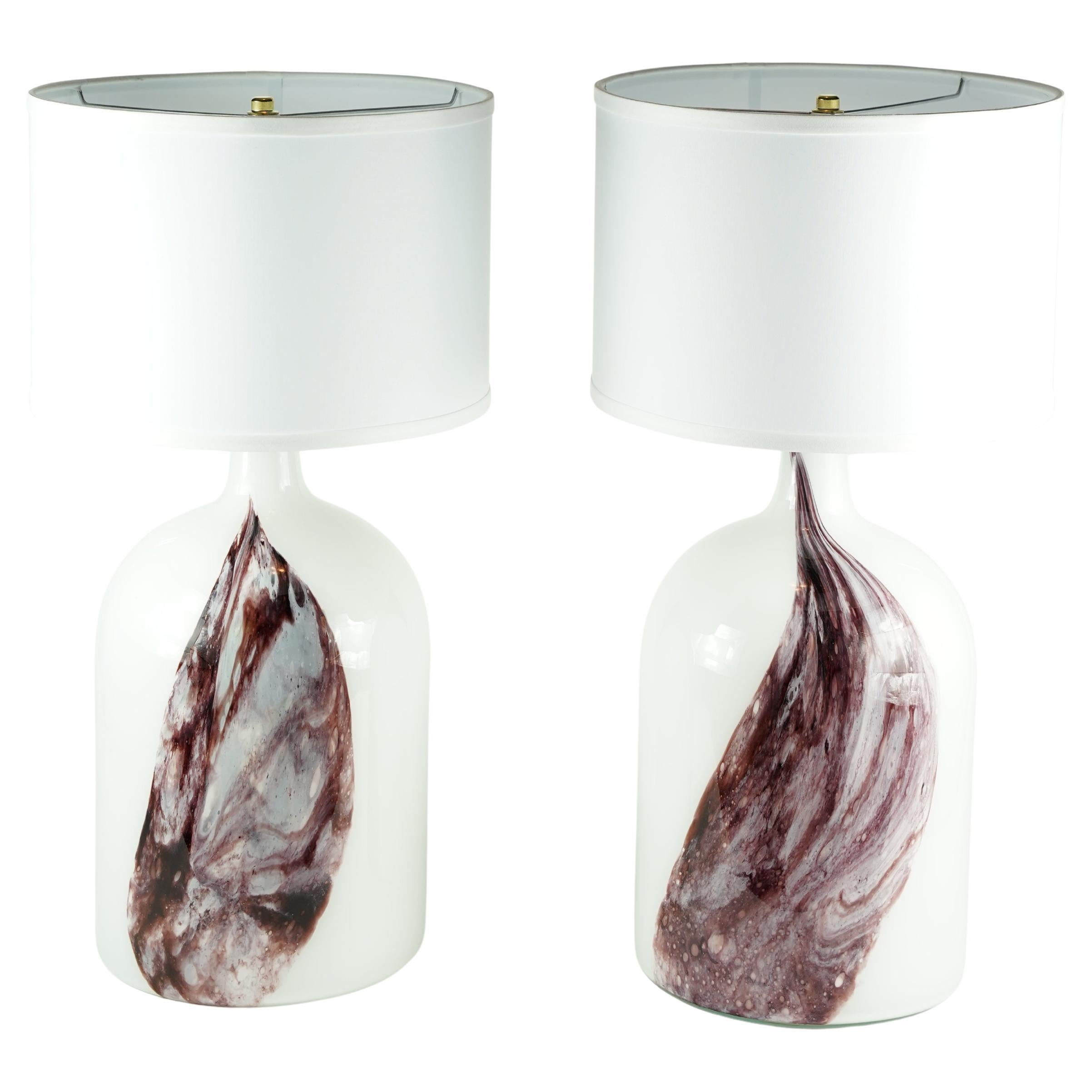 Pair of white glass with Deep Red pattern Holmegaard Table Lamp, Denmark, 1980