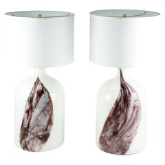 Pair of white glass with Deep Red pattern Holmegaard Table Lamp, Denmark, 1980