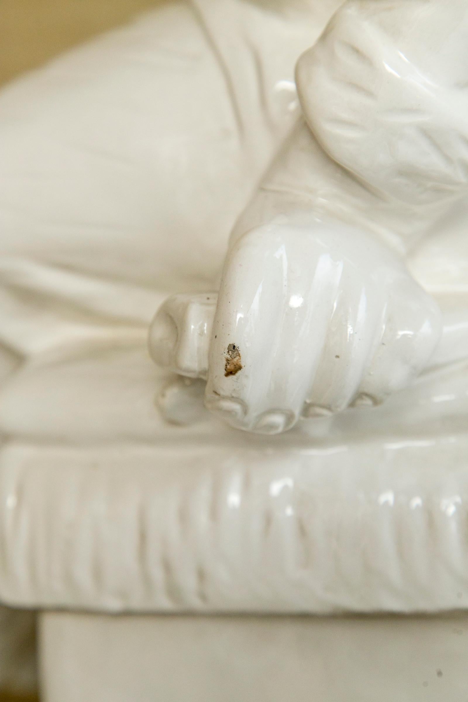 Terracotta White Glazed Asian Figure, on Pedestal