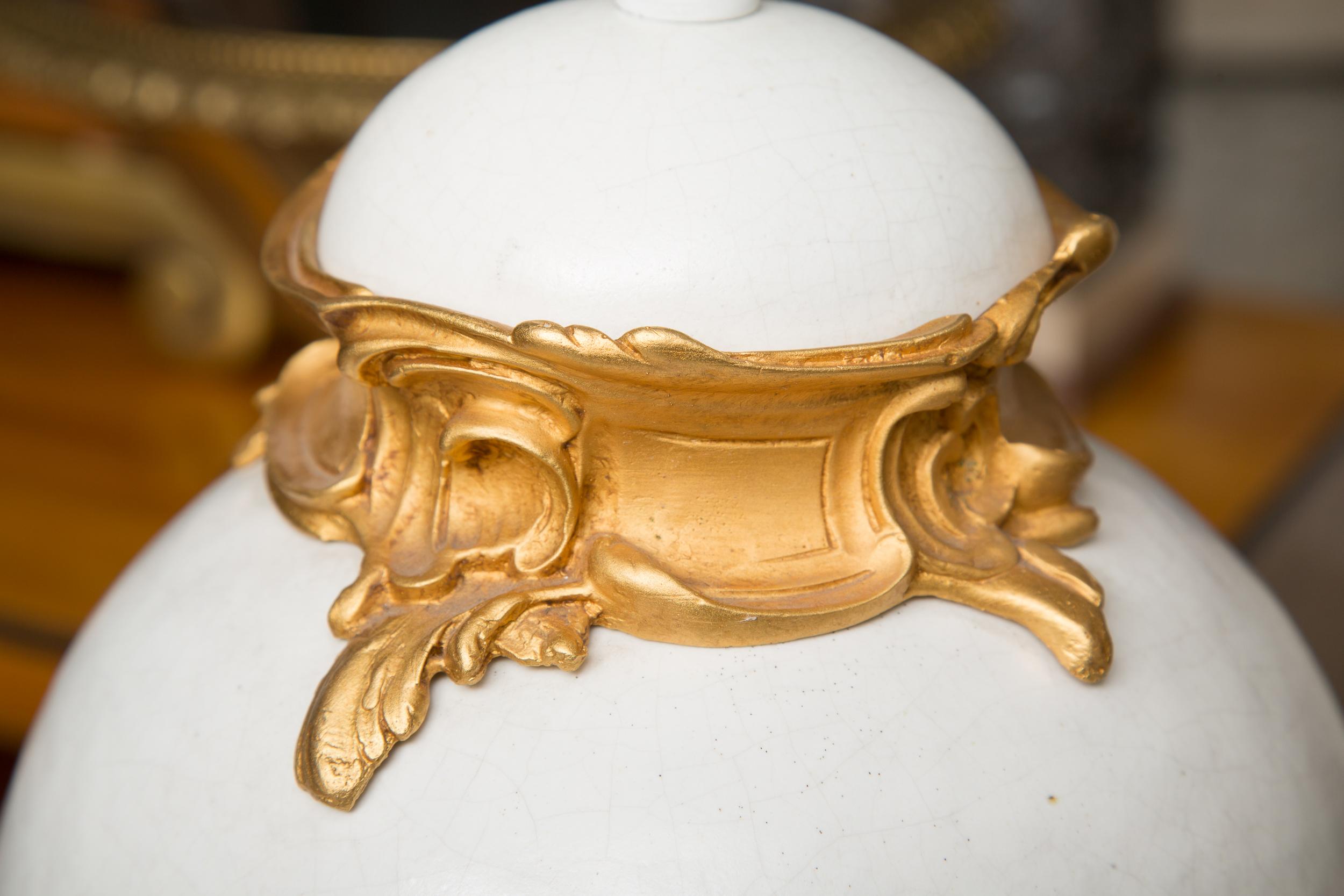 Pair of White Glazed Ceramic Lamps with Gilt Bronze Mounts In Good Condition In WEST PALM BEACH, FL