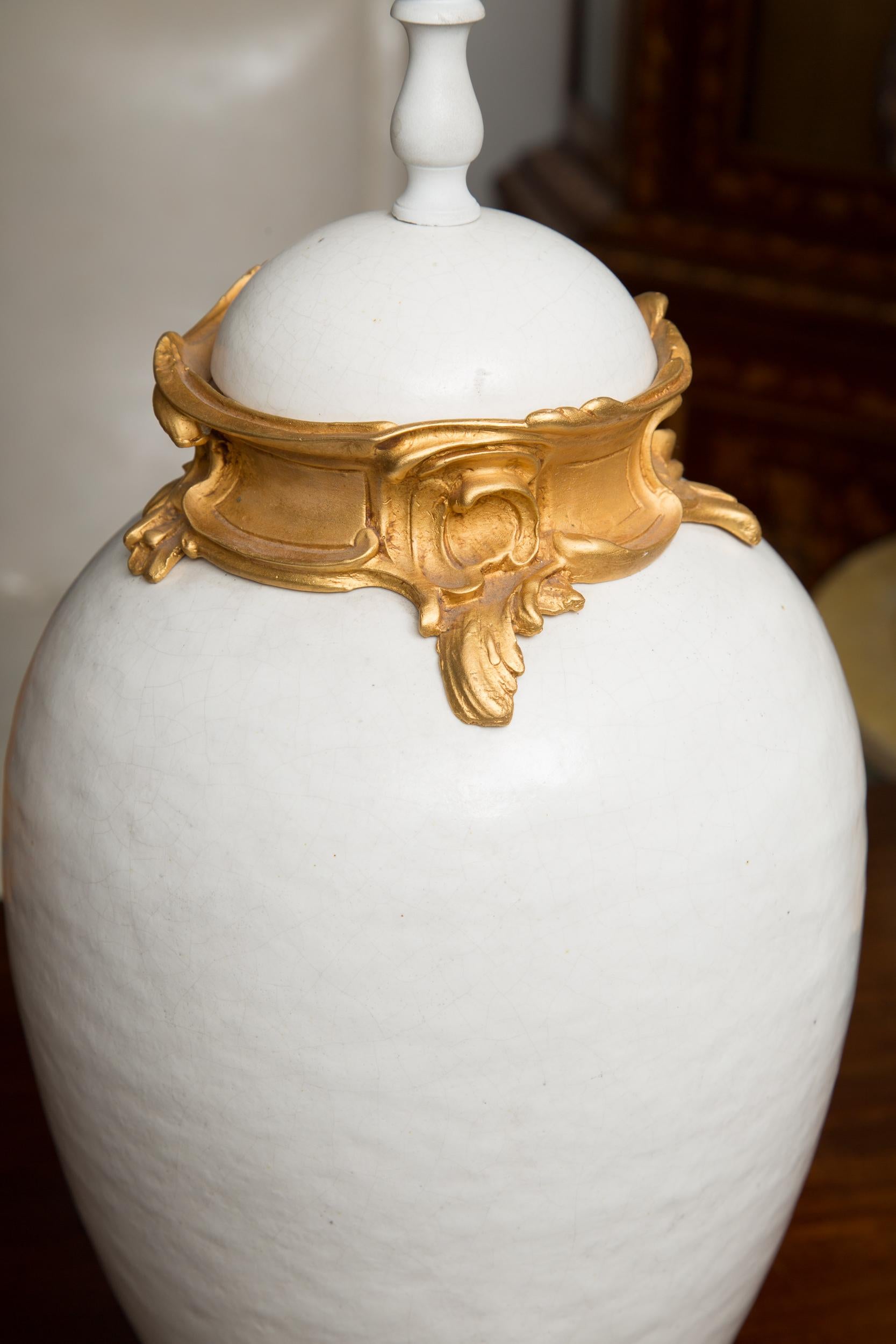 Pair of White Glazed Ceramic Lamps with Gilt Bronze Mounts 2