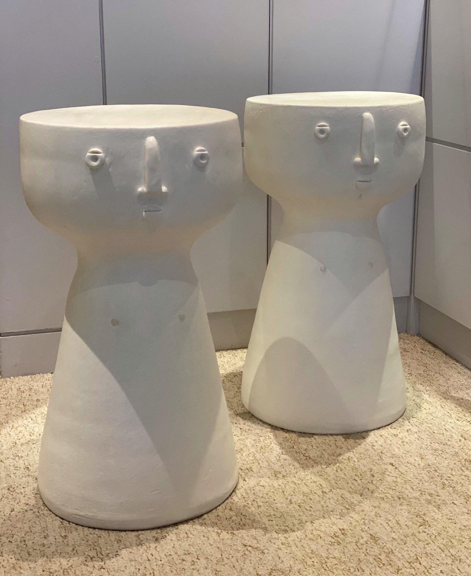 Pair of earthenware white glazed stools (or side tables) with faces engraved, 2021.
Unique hand-sculpted pieces, signed by the French ceramicists DALO.