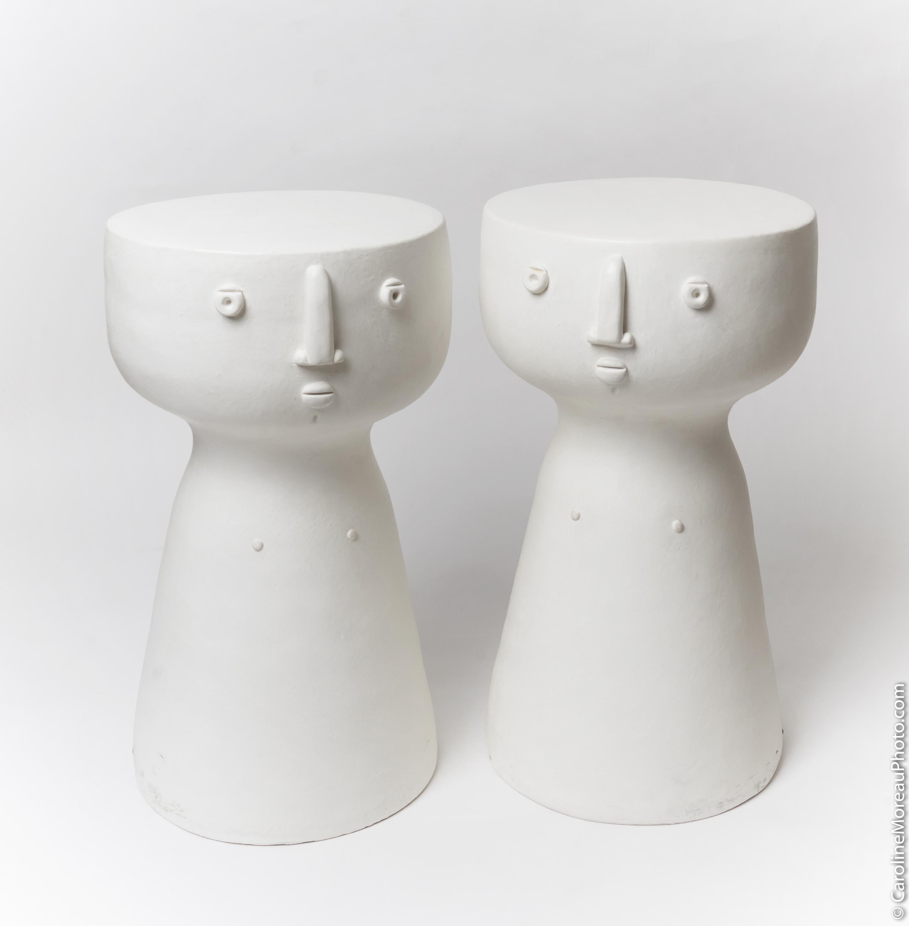 Pair of White Glazed Ceramic Stools or Side Tables, Unique Pieces by Dalo In Excellent Condition For Sale In Paris, FR
