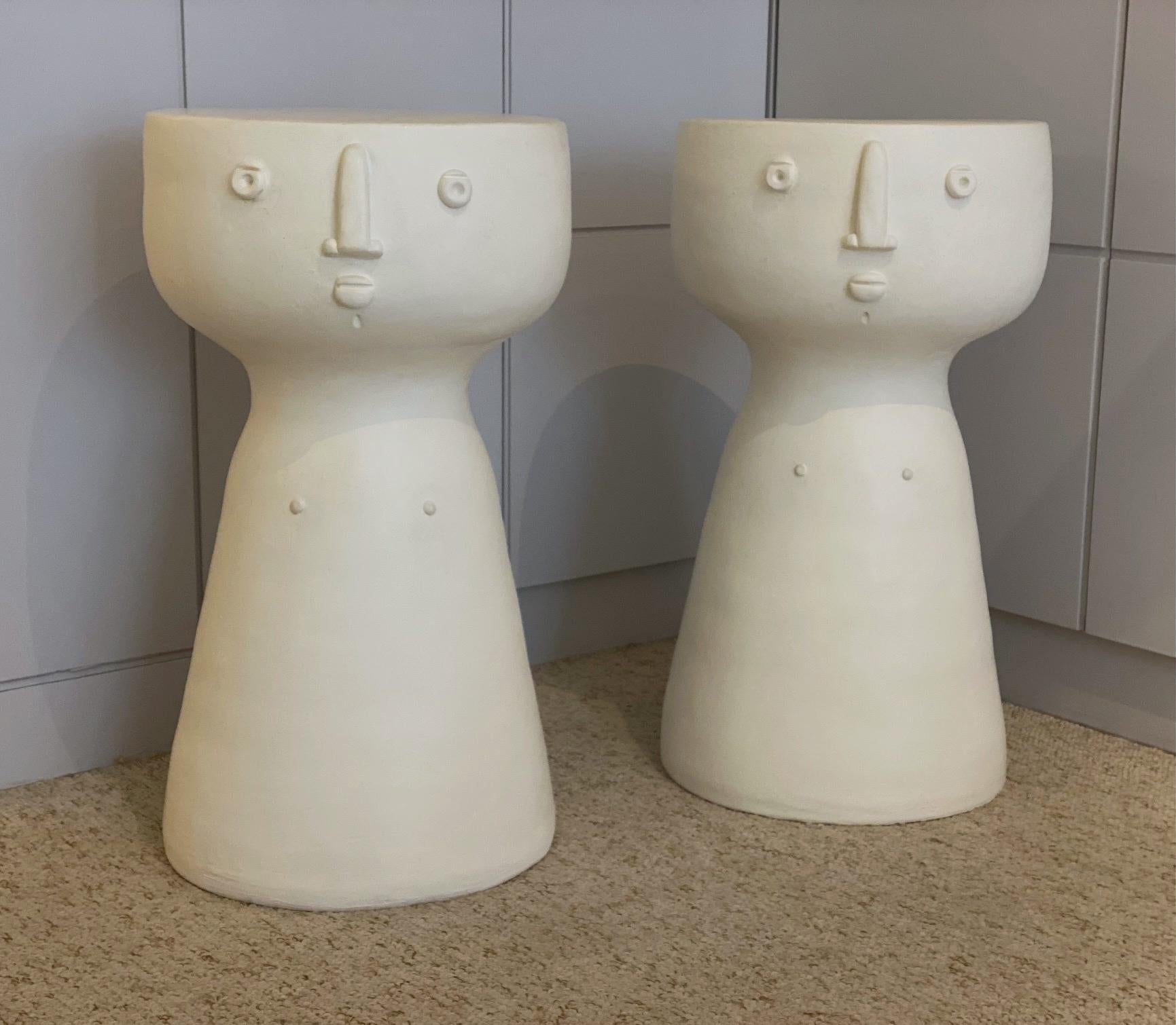 Pair of White Glazed Ceramic Stools or Side Tables, Unique Pieces by Dalo 3