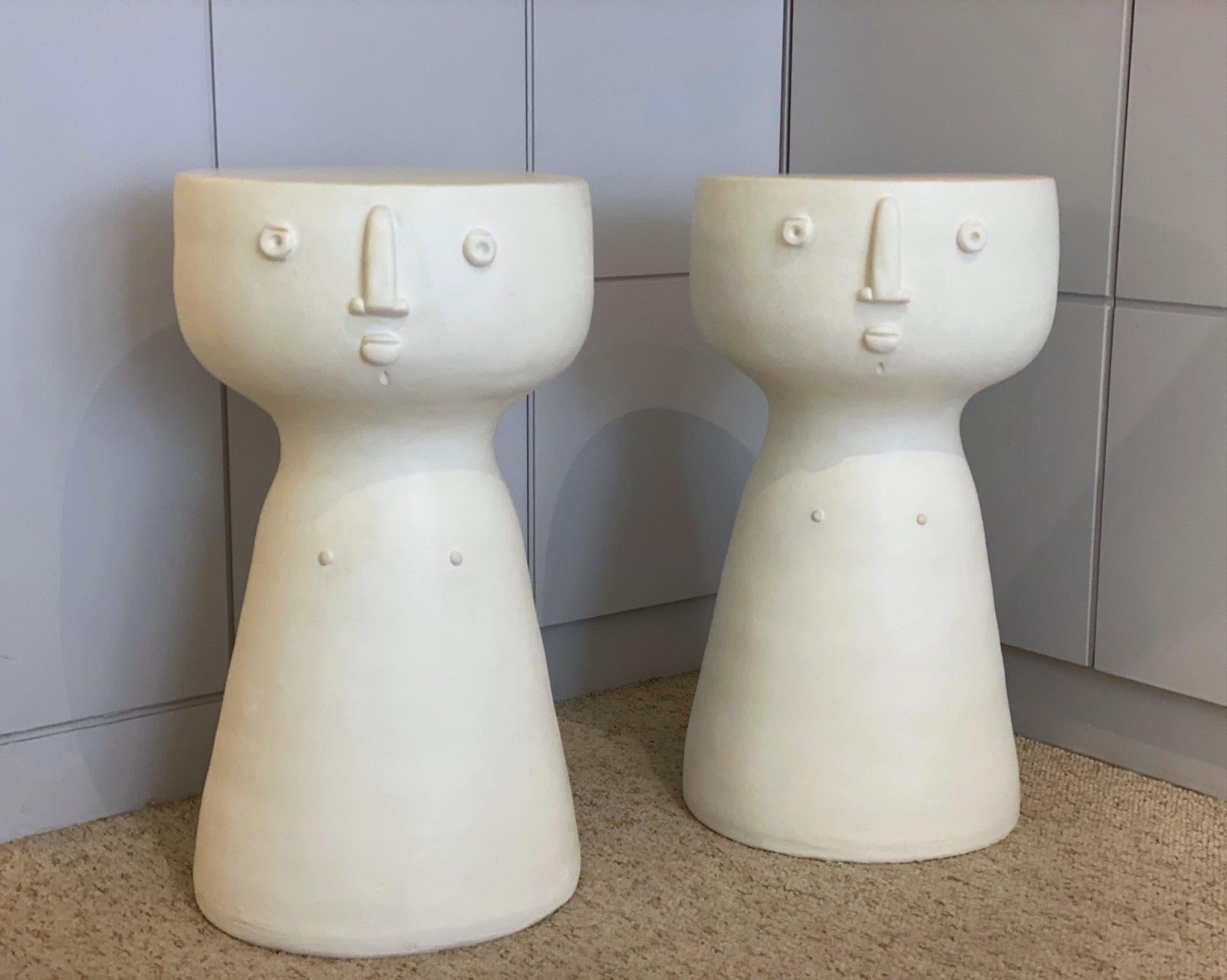 Pair of White Glazed Ceramic Stools or Side Tables, Unique Pieces by Dalo For Sale 6