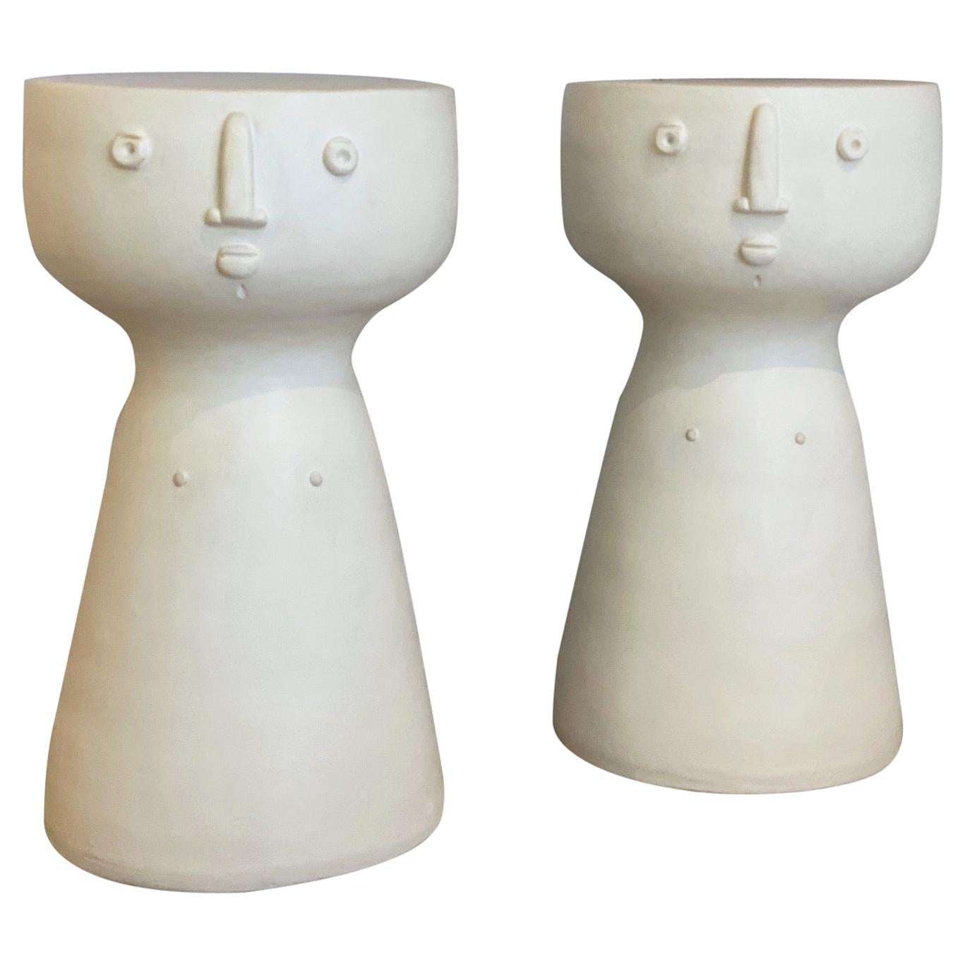 Pair of White Glazed Ceramic Stools or Side Tables, Unique Pieces by Dalo For Sale