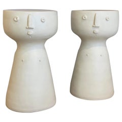 Pair of White Glazed Ceramic Stools or Side Tables, Unique Pieces by Dalo