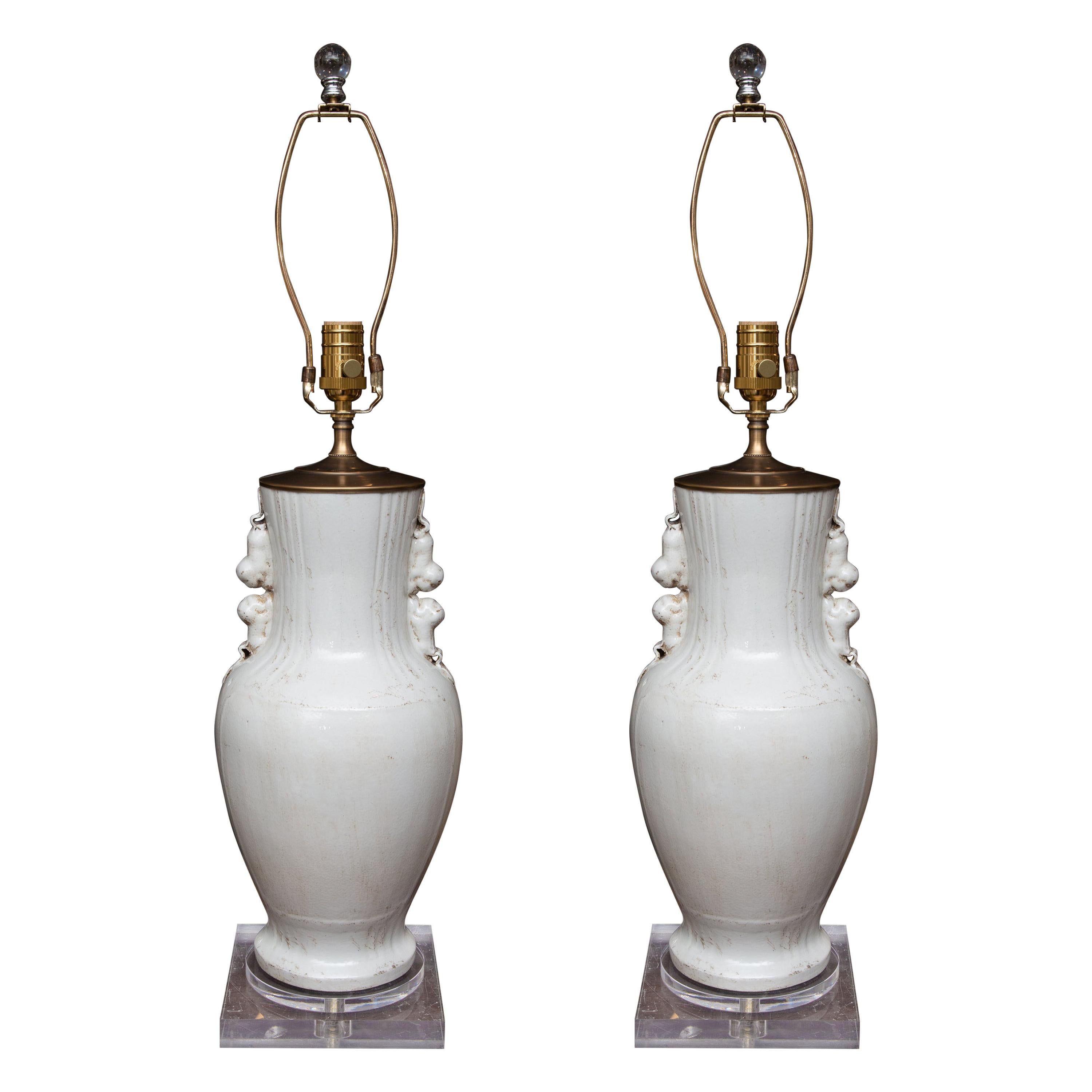 White Glazed Chinese Ceramic Lamp - Pair available