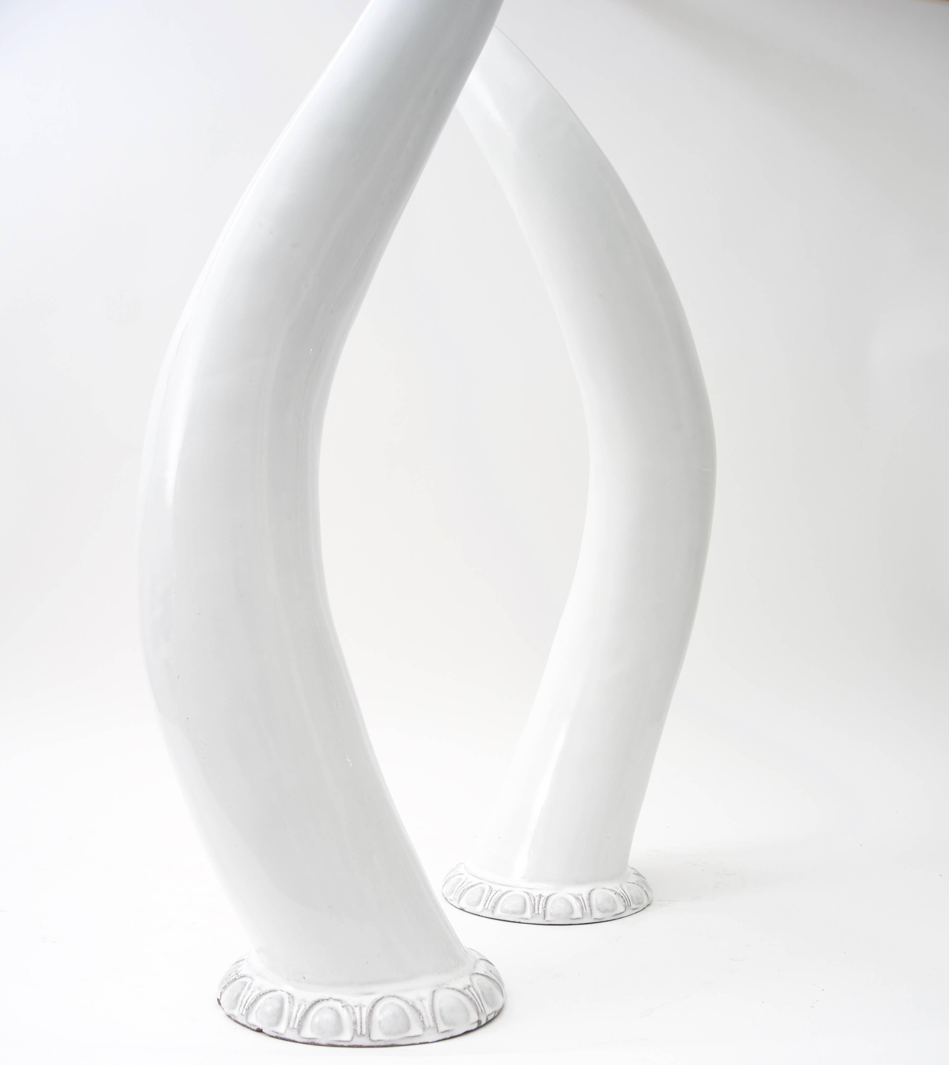 French Pair of White Glazed Earthenware Figural Steer Horns 