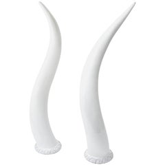 Pair of White Glazed Earthenware Figural Steer Horns 