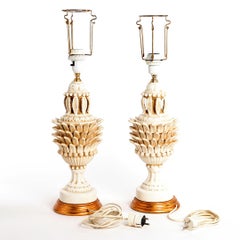 Pair of White Glazed Midcentury Table Lamps with Gilt Base