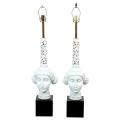Pair of White Glazed Porcelain Female Bust Lamps