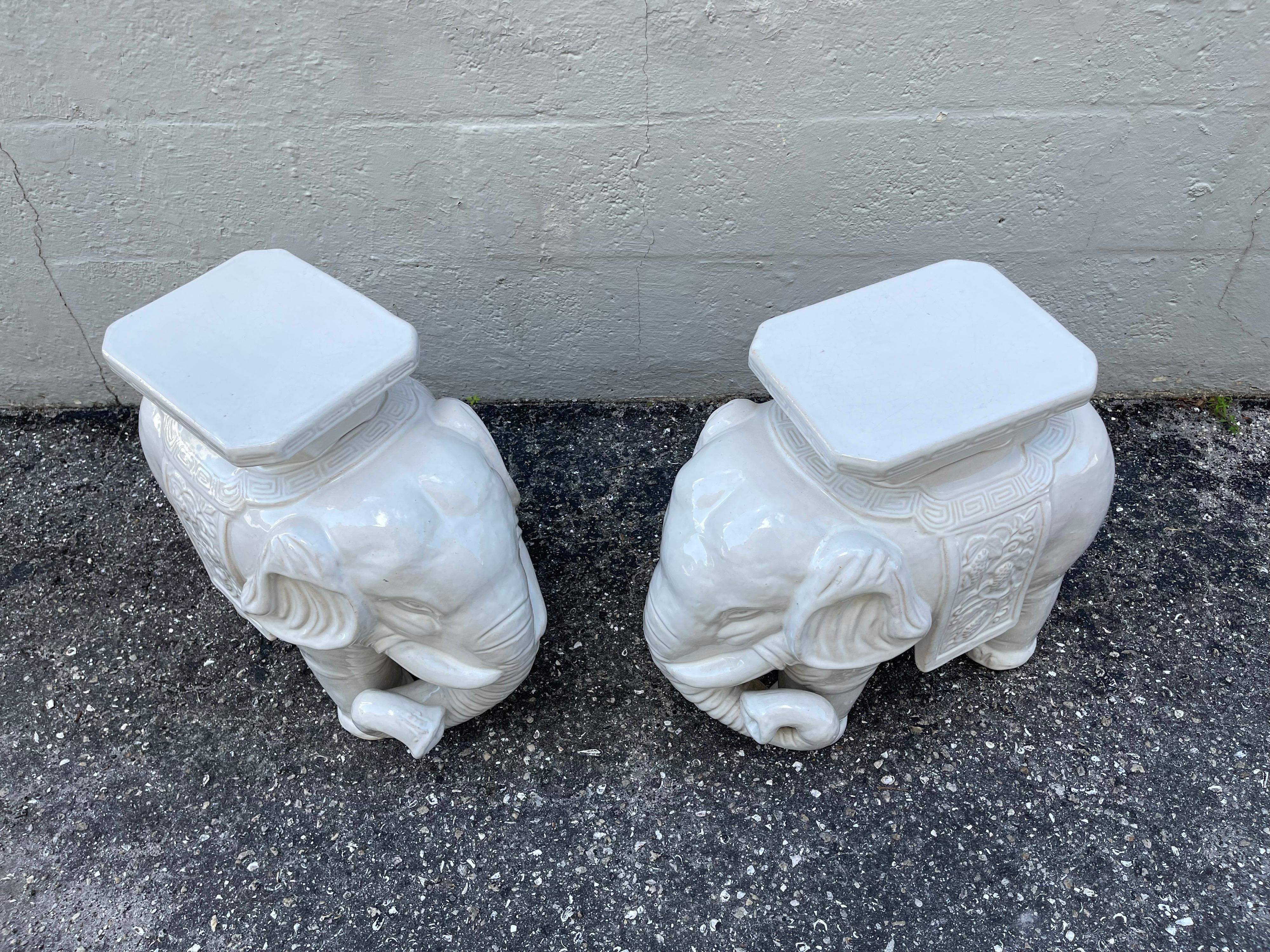 Pair of White Glazed Terra Cotta Elephant Garden Seats In Good Condition For Sale In West Palm Beach, FL