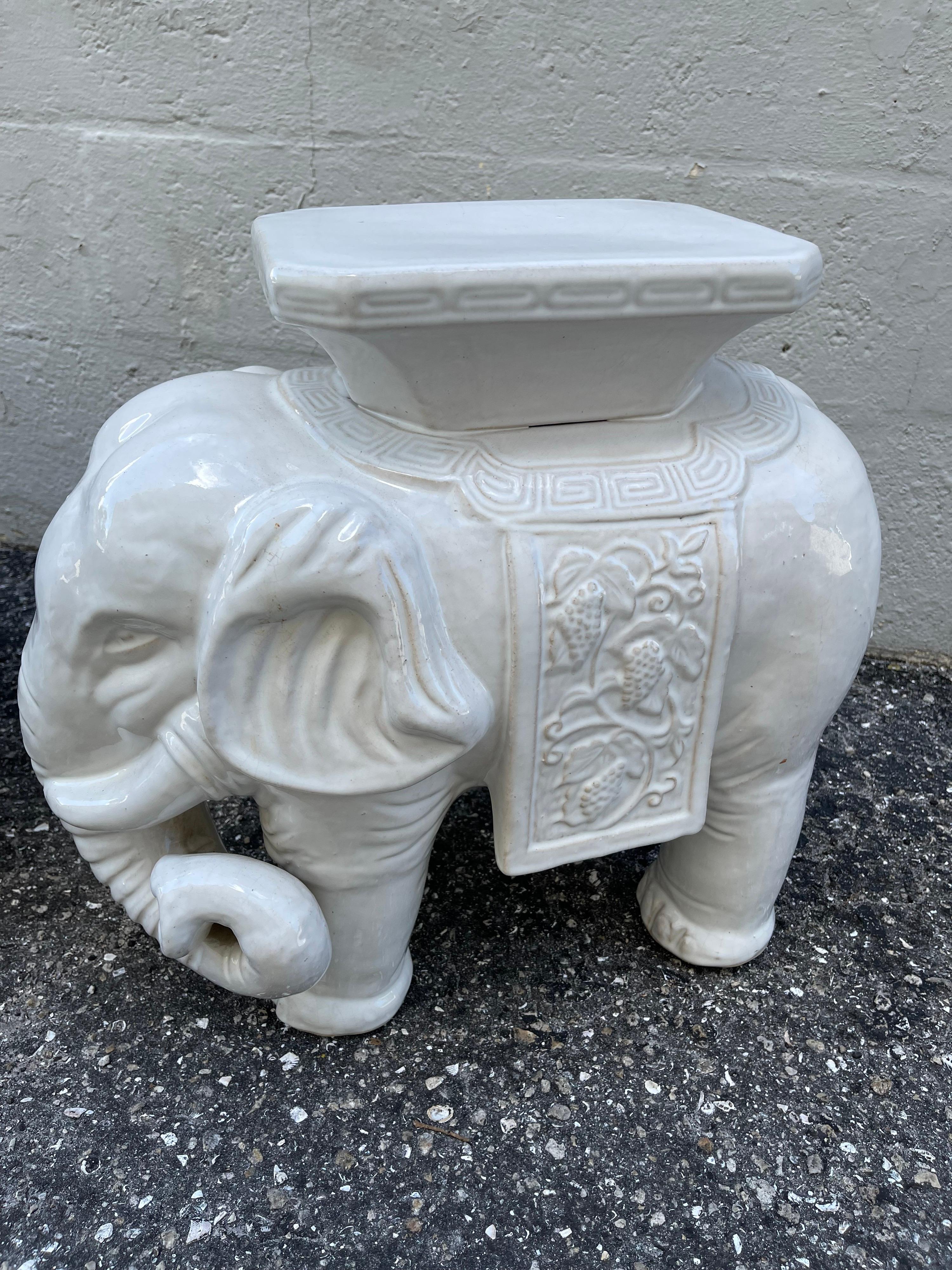 20th Century Pair of White Glazed Terra Cotta Elephant Garden Seats For Sale