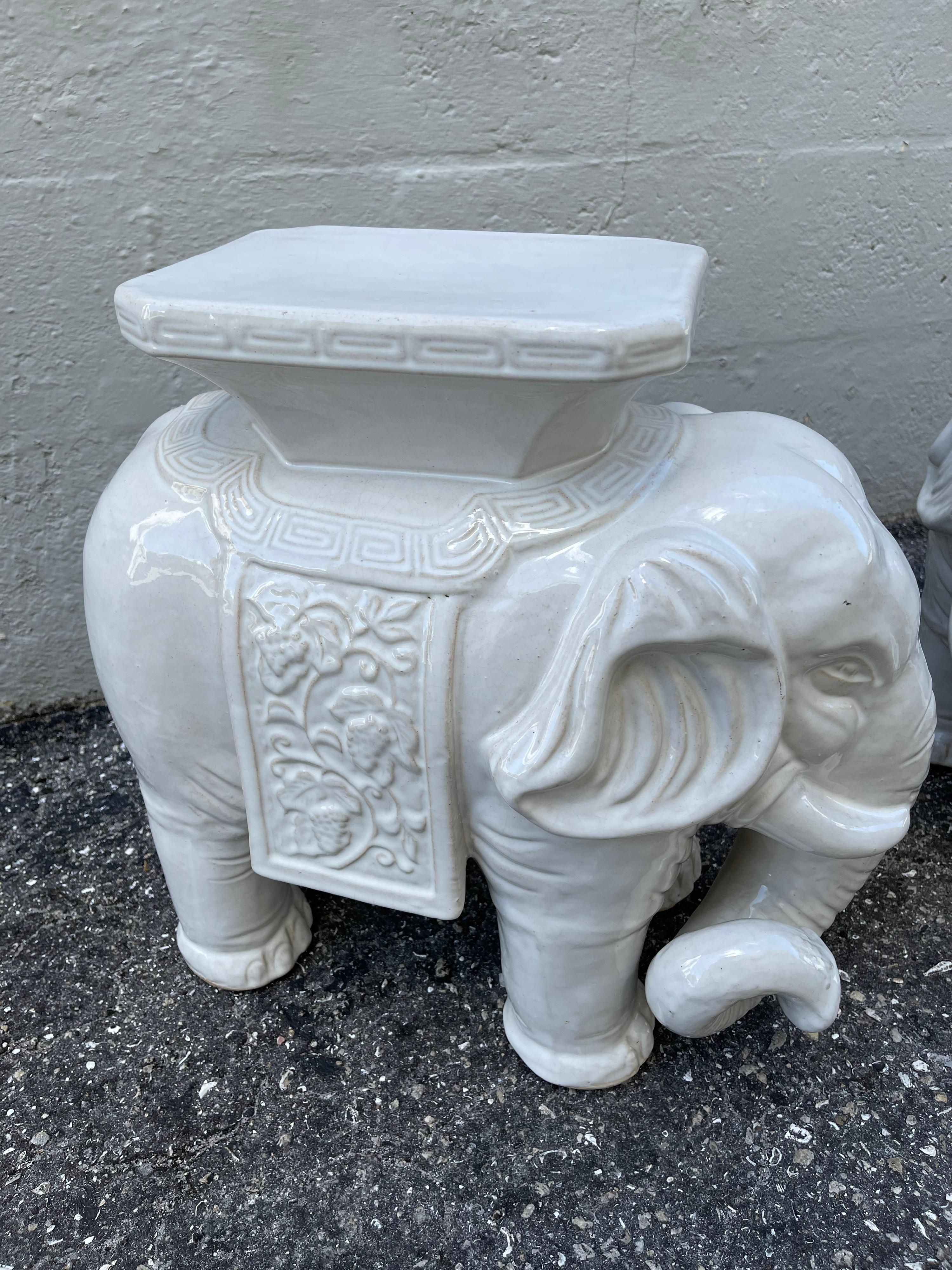 Pair of White Glazed Terra Cotta Elephant Garden Seats For Sale 2