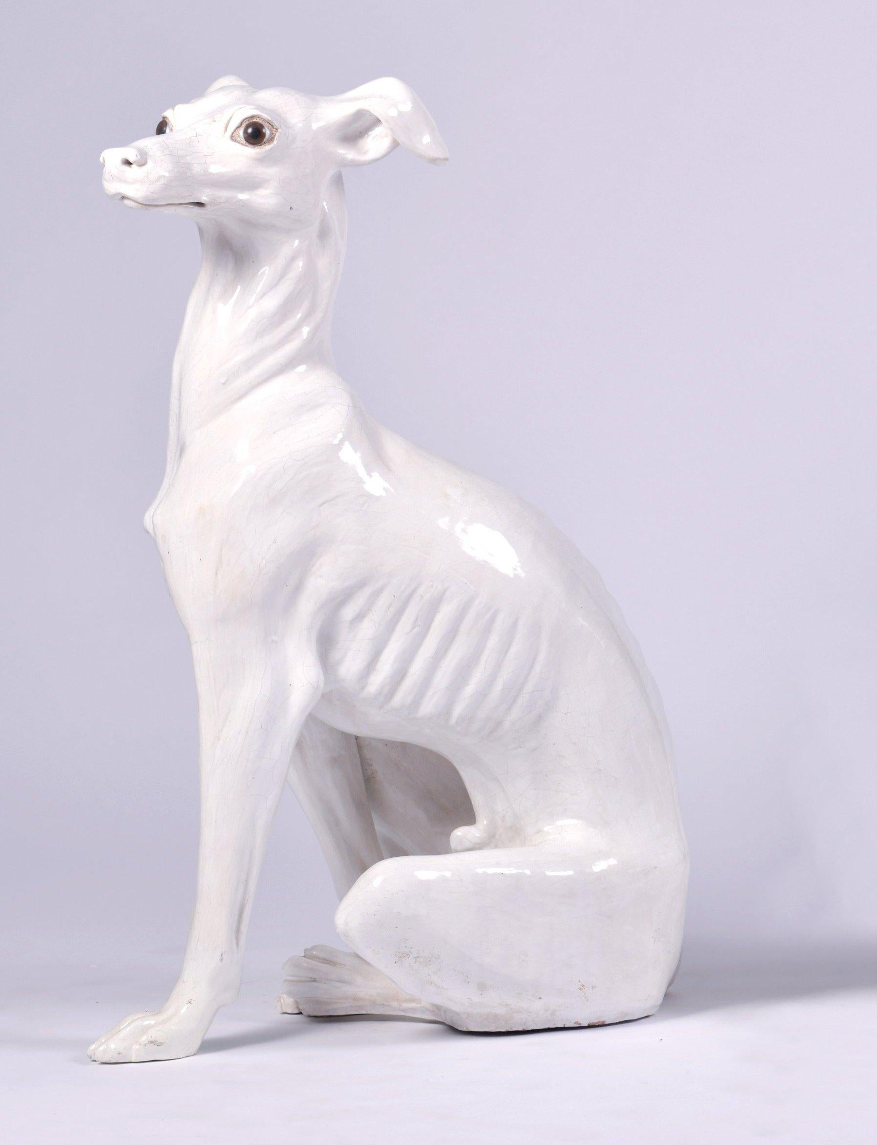 French Pair of White Glazed Terracotta Greyhounds