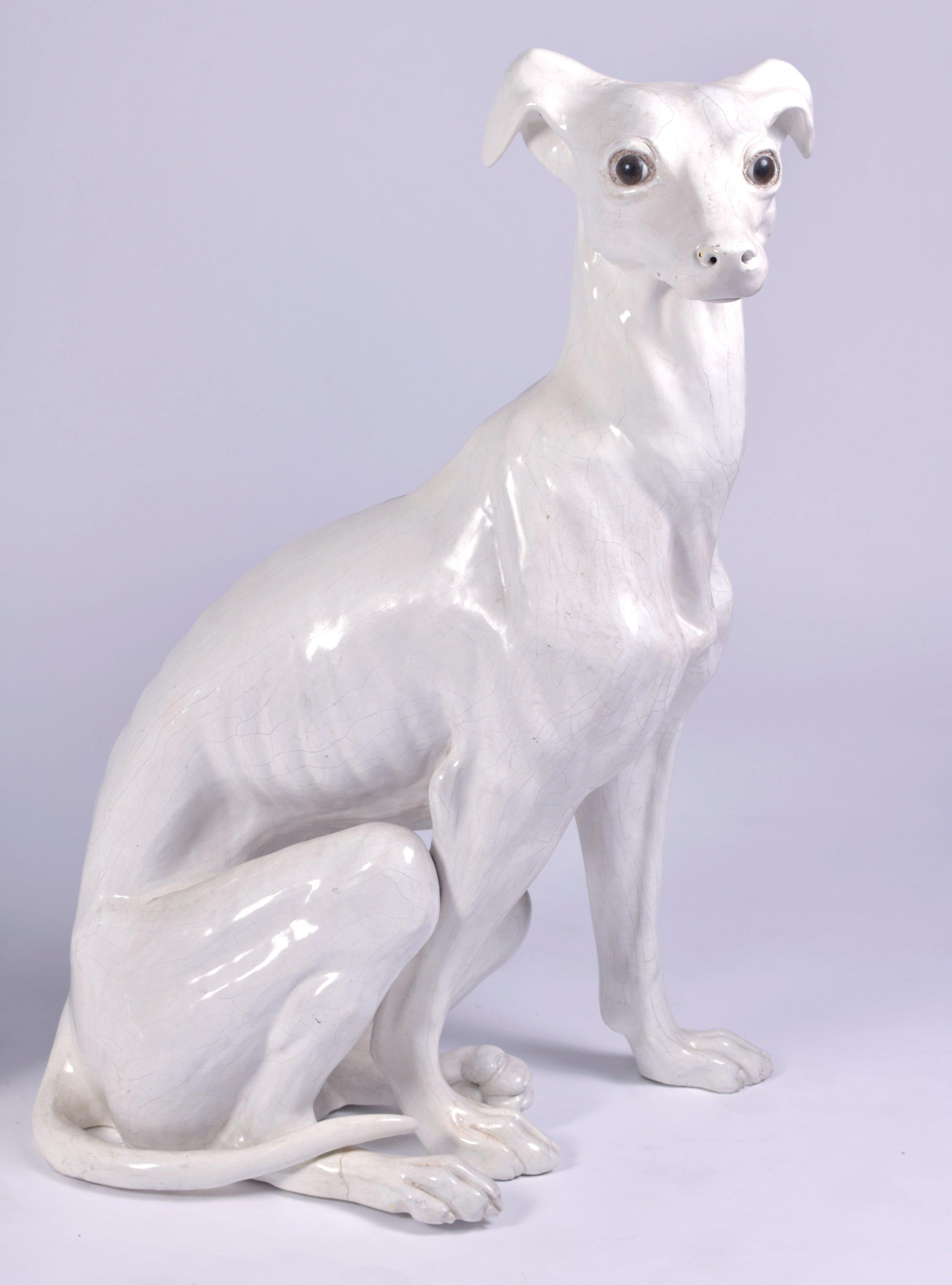 20th Century Pair of White Glazed Terracotta Greyhounds