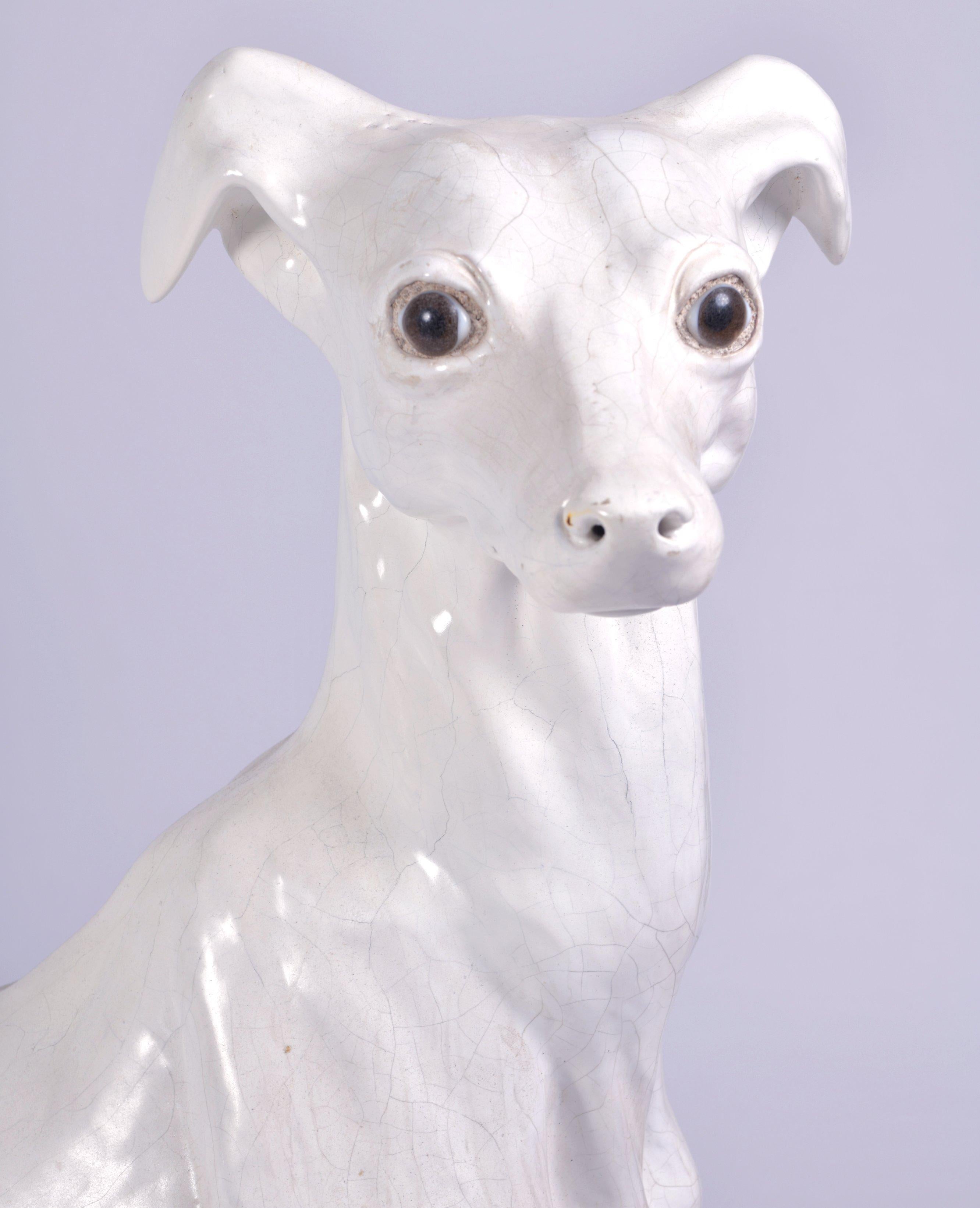 Pair of White Glazed Terracotta Greyhounds 1