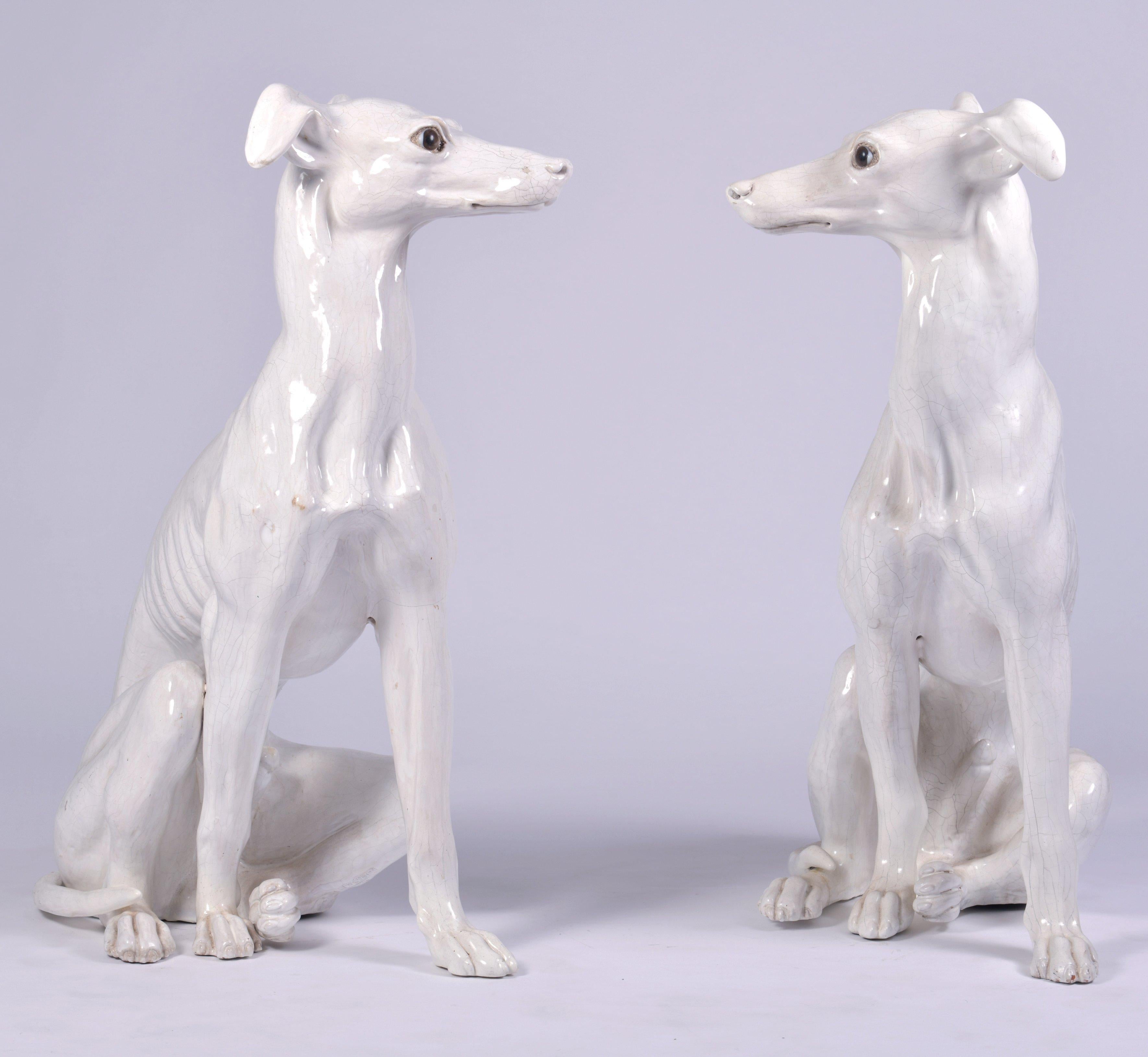 Pair of White Glazed Terracotta Greyhounds 2