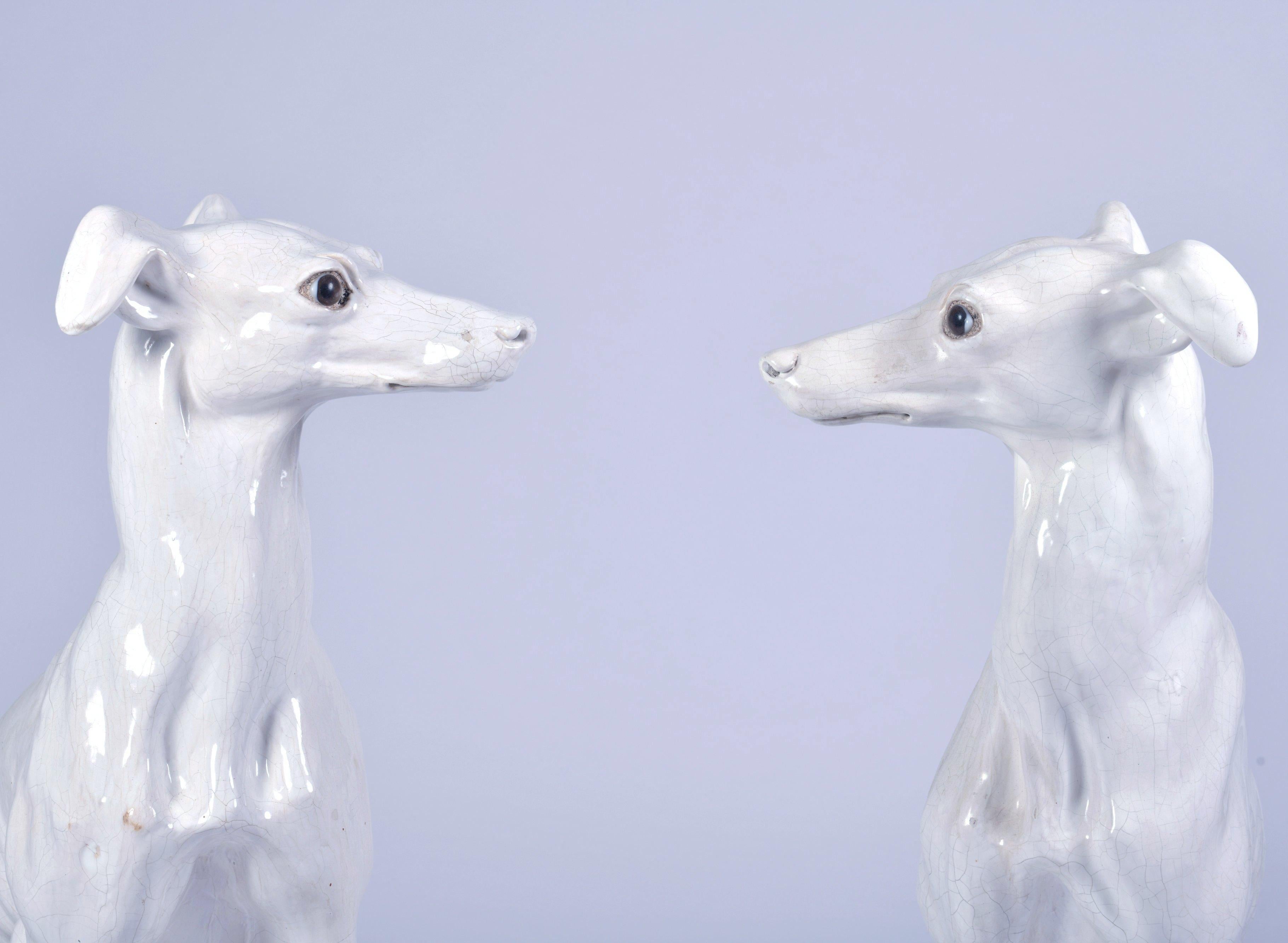 Pair of White Glazed Terracotta Greyhounds 3