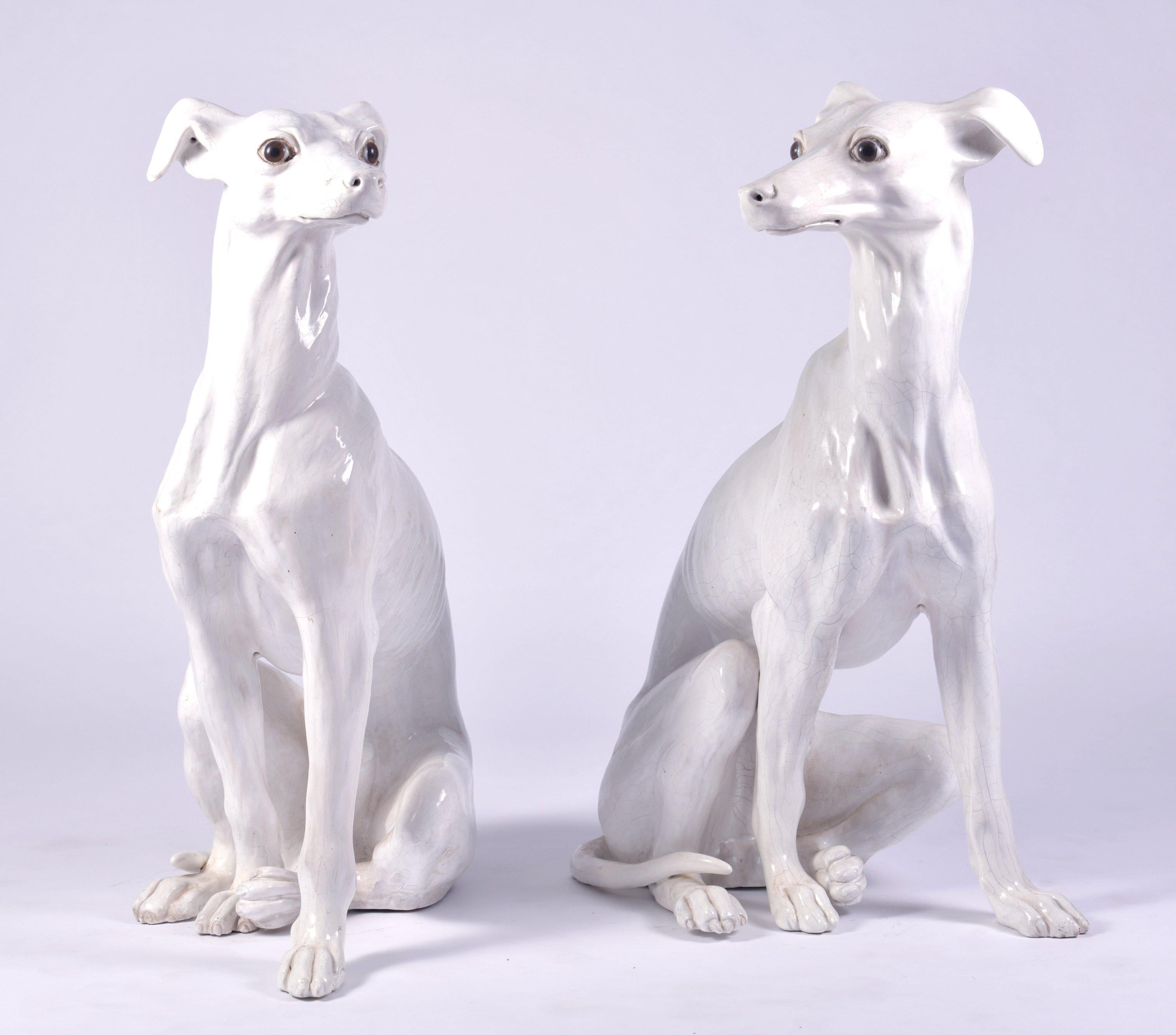 Pair of White Glazed Terracotta Greyhounds 4