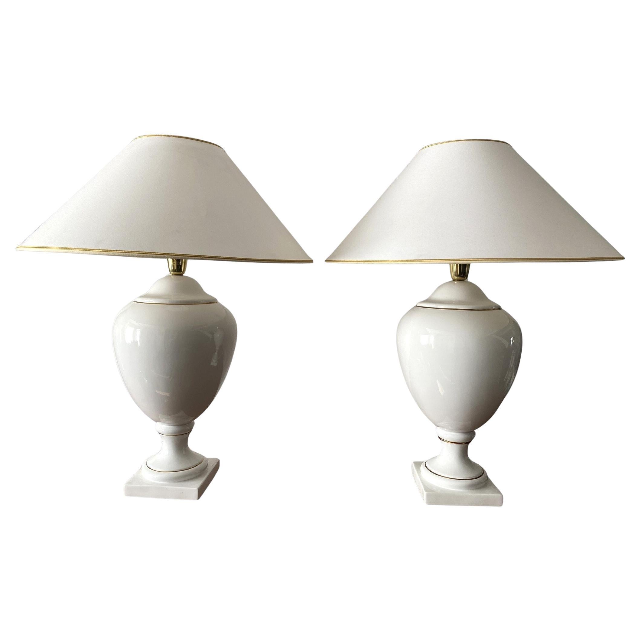 Pair of White & Gold Ceramic Table Lamps & Shades by Stefano Cevoli, 1980s For Sale