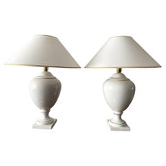 Vintage Pair of White & Gold Ceramic Table Lamps & Shades by Stefano Cevoli, 1980s