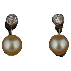 Pair of White Gold Earrings with White Sapphires and Cultured Pearls
