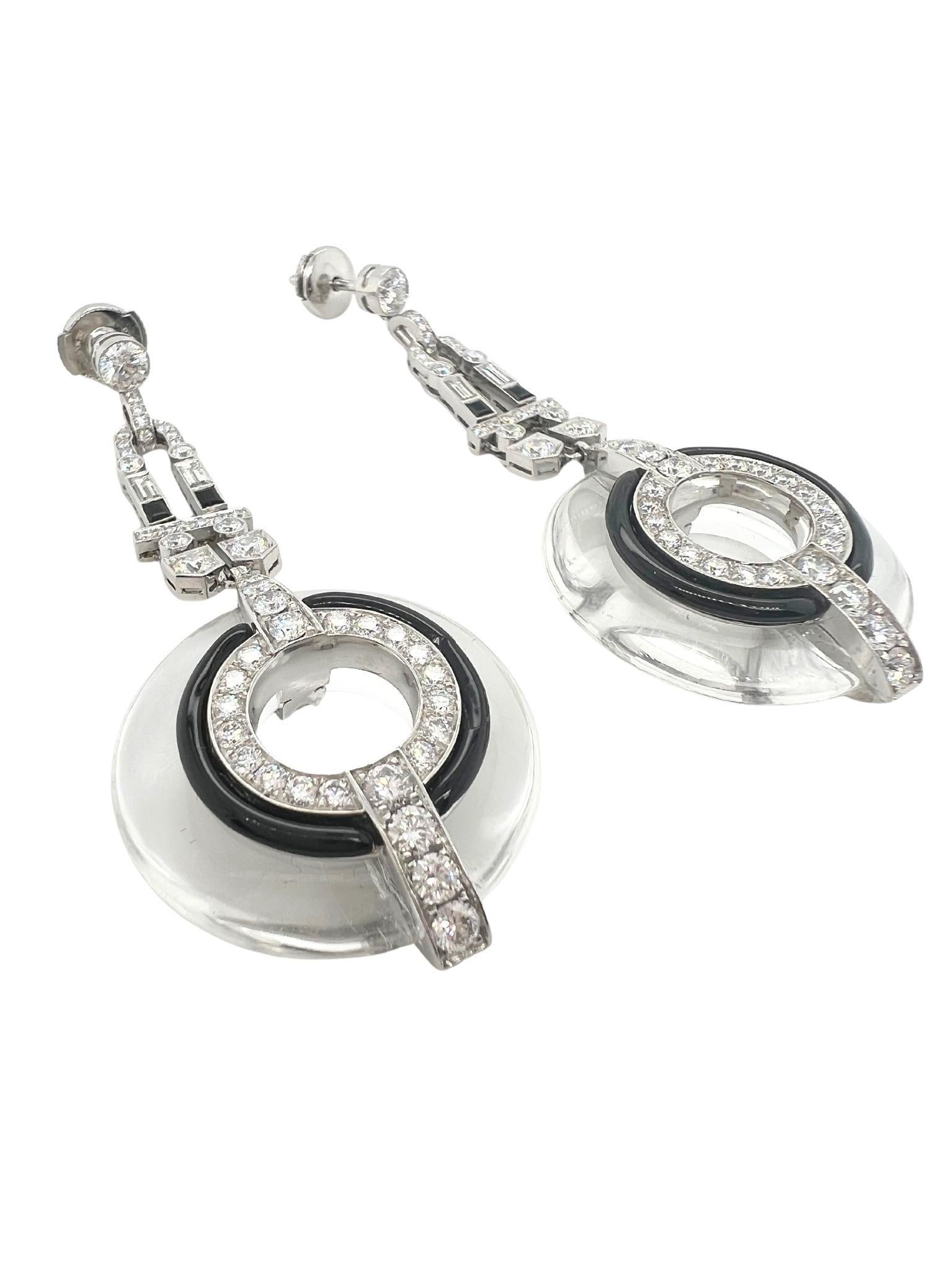 Mixed Cut Pair of White Gold, Rock Crystal, Diamond and Black Enamel Pendant-Earrings For Sale