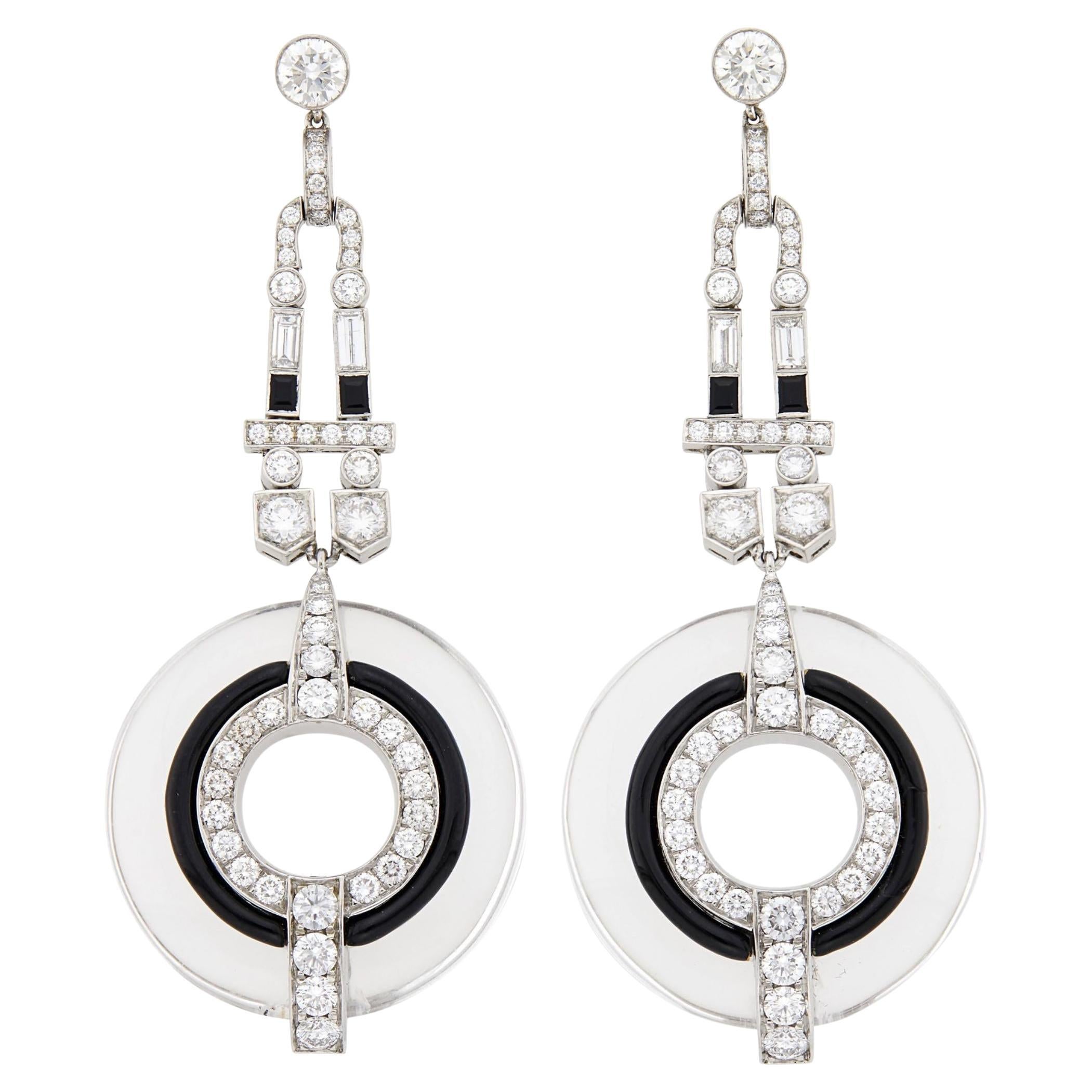 Pair of White Gold, Rock Crystal, Diamond and Black Enamel Pendant-Earrings For Sale