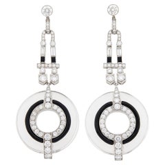 Pair of White Gold, Rock Crystal, Diamond and Black Enamel Pendant-Earrings