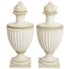 Pair of White-Green Glazed Ceramic Urns