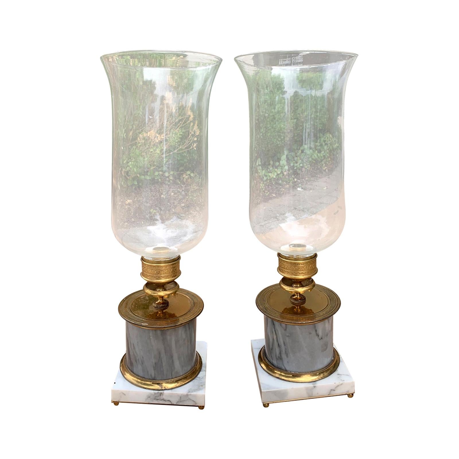 Pair of White & Grey Marble Candlesticks with Glass Photophores, circa 1950s