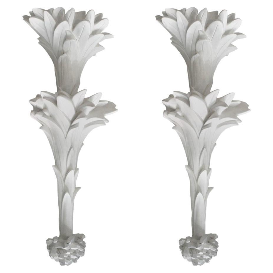 Pair of White Hand Carved Plaster Sconces in the Style of Dorothy Draper For Sale