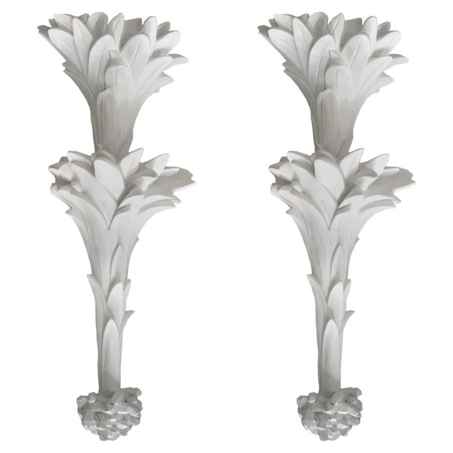 Pair of White Hand Carved Plaster Sconces in the Style of Dorothy Draper