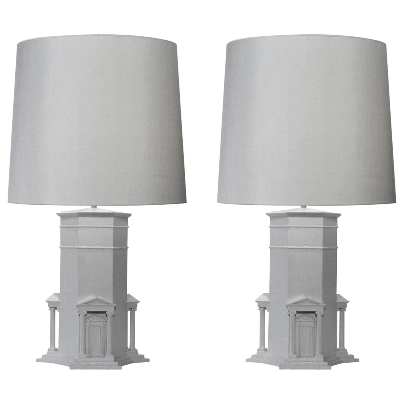 Pair of White Hand Sculpted Grand Tour Table Lamps Athens