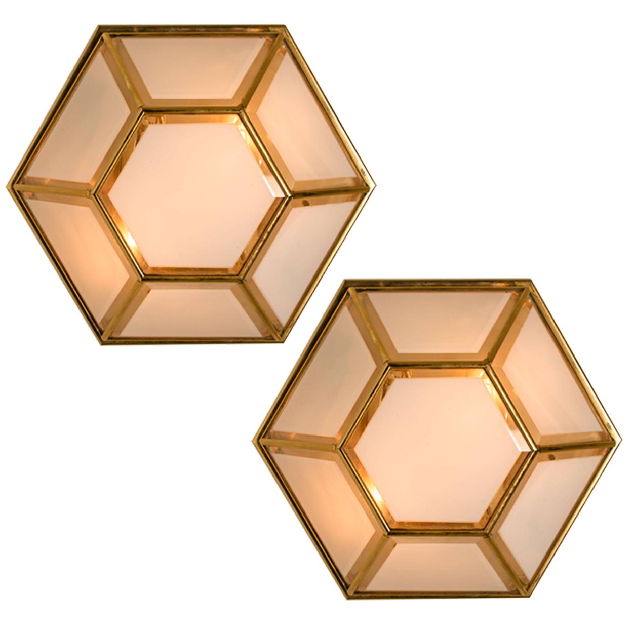 Brass Pair of White Hexional Glass Flush Mounts/Wall Lights by Limburg, 1970s For Sale