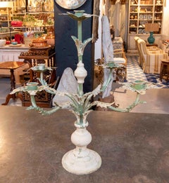 Pair of White Iron and Wood Candlesticks with Vintage Floral Design