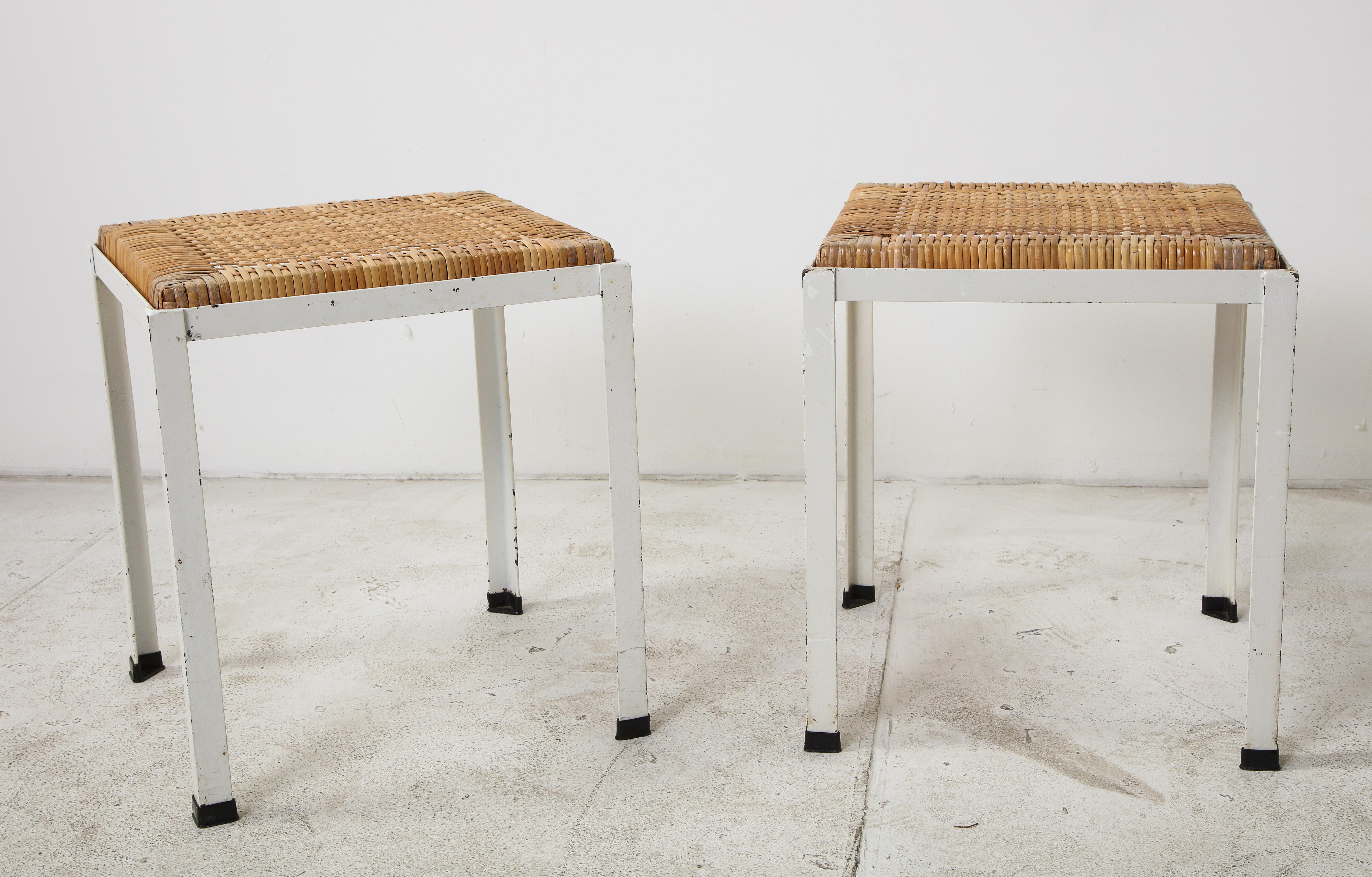 Mid-Century Modern Pair of White Iron Stools with Rattan Tops by Danny Ho Fong