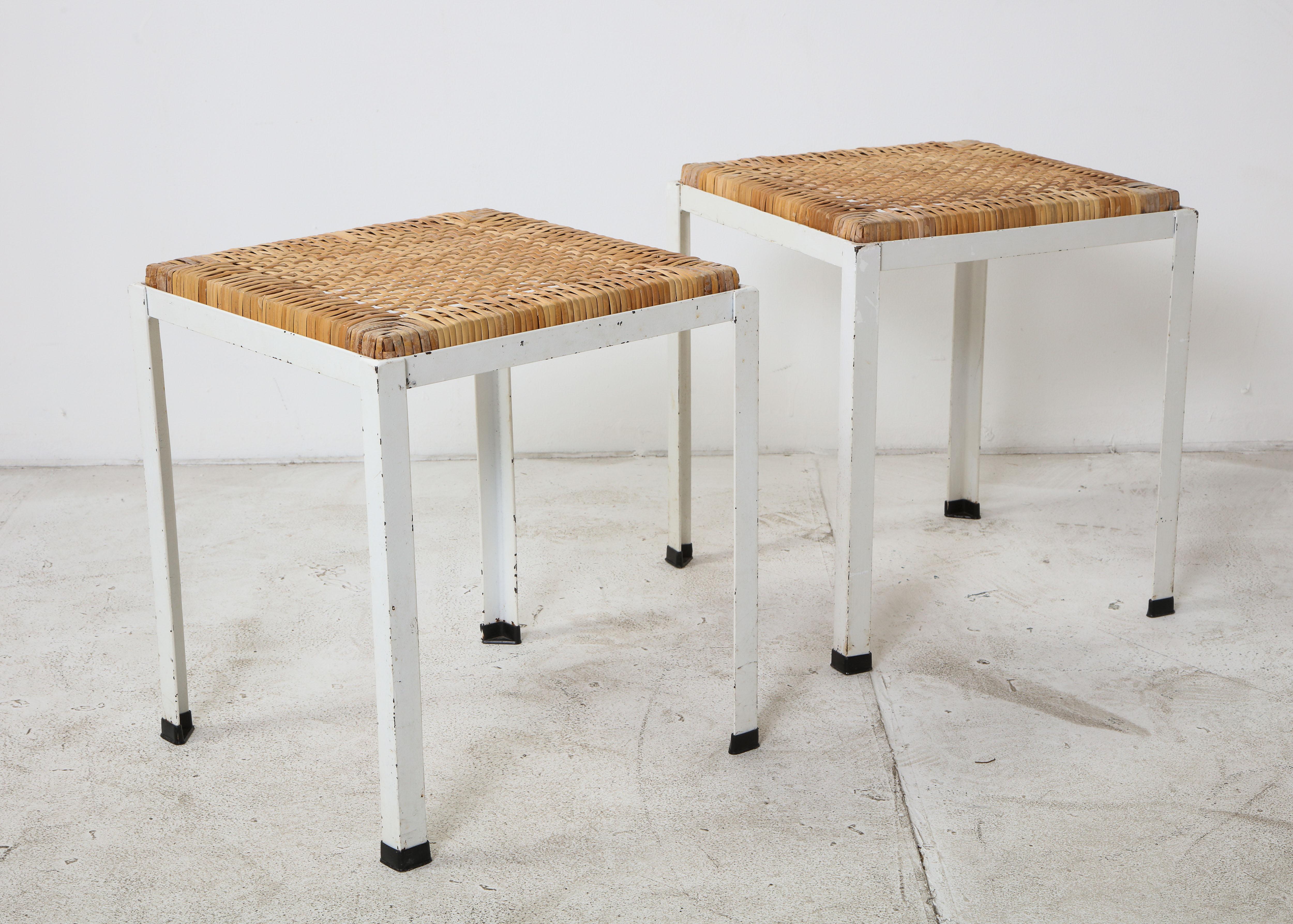 American Pair of White Iron Stools with Rattan Tops by Danny Ho Fong